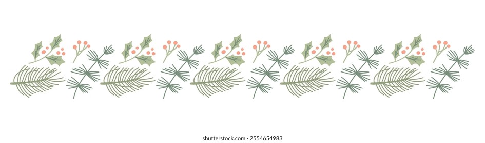 Christmas vector seamless border with pine branches and berries creating a repeating festive pattern.