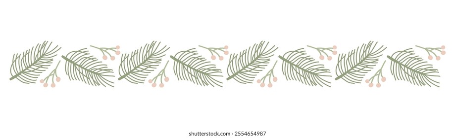 Christmas vector seamless border with pine branches and berries creating a repeating festive pattern.