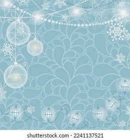 Christmas vector seamless gentle blue frame with lanterns and lacy snowflakes and balls