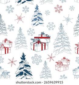 Christmas vector seamless hand drawn pattern with trees, snowflakes and gifts