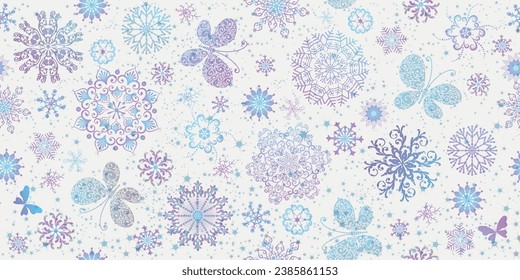 Christmas vector seamless handwork pastel pattern with stars and gradient snowflakes and butterflies on white background
