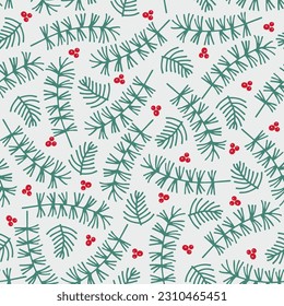 Christmas vector seamless illustration, background of evergreens, spruce, pine and holly berries, festive winter nature print. Cartoon repeating illustration