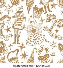 Christmas vector seamless Nutcracker pattern.  Gold seamless pattern can be used for wallpaper, pattern fills, web page background, surface textures.