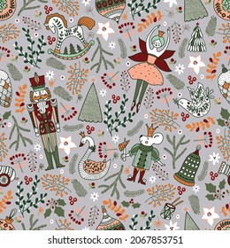 Christmas vector seamless Nutcracker pattern and winter florals.  Seamless pattern can be used for wallpaper, pattern fills, web page background, surface textures.