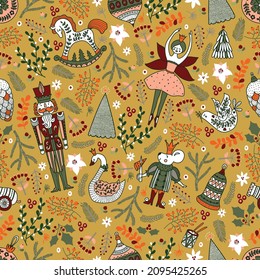 Christmas vector seamless Nutcracker pattern and winter florals.  Сan be used for wallpaper, pattern fills, web page background, surface textures.