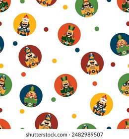 Christmas vector seamless Nutcracker pattern. Сan be used for wallpaper, pattern fills, web page background, surface textures. Polka dot.