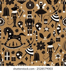 Vetor de Natal padrão Nutcracker sem emenda.  Gold padrão sem costura pode ser usado para papel de parede, preenchimentos padrão, fundo da página da web, texturas de superfície.