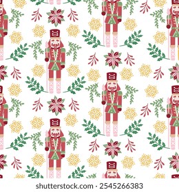 Christmas vector seamless Nutcracker pattern on white background. Seamless red with gold pattern can be used for wallpaper,  textile, card,