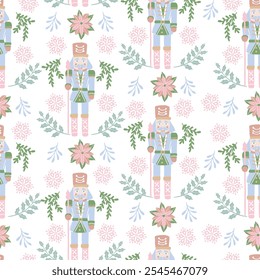 Christmas vector seamless Nutcracker pattern on white background. Seamless pastel pattern can be used for wallpaper,  textile, card,