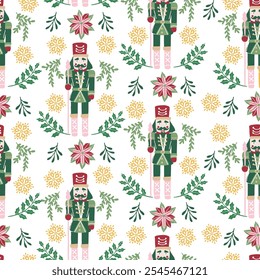 Christmas vector seamless Nutcracker pattern on white background. Seamless green with gold pattern can be used for wallpaper,  textile, card,