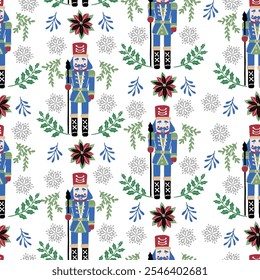 Christmas vector seamless Nutcracker pattern on white background. Seamless blue with green pattern can be used for wallpaper,  textile, card,