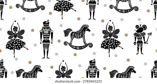 Christmas vector seamless Nutcracker pattern. Gold seamless pattern can be used for wallpaper, pattern fills, web page background, surface textures.
