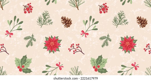 Weihnachtsvektor nahtlos patten. Winter-floraler Hintergrund für Verpackungspapier, Scrapbooking, Tapete und Gewebe