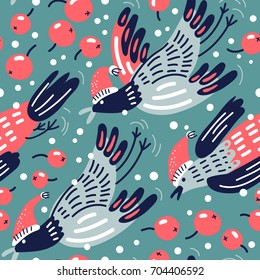  Christmas vector seamless pattern with  abstract flying birds and holly berries