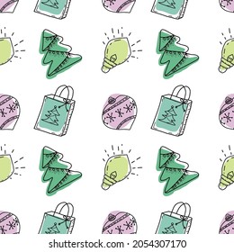 Christmas vector seamless pattern. Christmas balls, gift boxes, christmas trees, knitted hat.