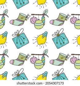 Christmas vector seamless pattern. Christmas balls, gift boxes, christmas trees, knitted hat.