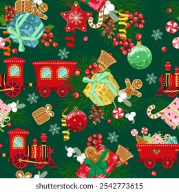 Christmas vector seamless pattern with Christmas balls, Christmas gingerbread, steam locomotive toy on a green background. Background for wrapping paper, fabric print, greeting cards design