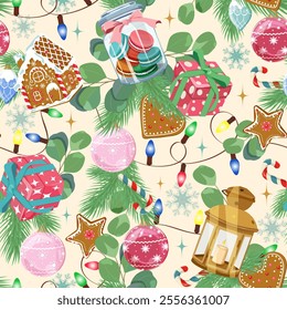 Christmas vector seamless pattern with Christmas balls, garlands , gingerbread and gifts on a light background. Background for wrapping paper, fabric print, greeting cards design