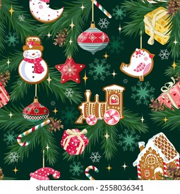 Christmas vector seamless pattern with Christmas balls, gingerbread and gifts on a black background. Background for wrapping paper, fabric print, greeting cards design