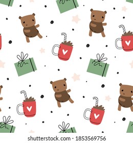 Christmas vector seamless pattern. Bears, gifts, and cocoa. Hand-drawn simple design.