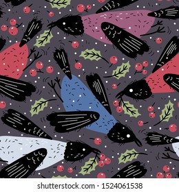 Christmas vector seamless pattern with birds and berries