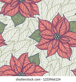 Christmas vector seamless pattern with blooming poinsettia