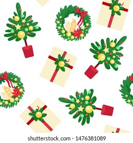 Christmas vector seamless pattern boots, gifts, Christmas tree on white background