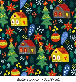 Christmas vector seamless pattern in bright colors. Perfect for greeting cards, wrapping paper, blogs, packing and ect.