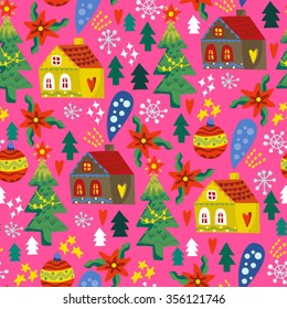 Christmas vector seamless pattern in bright colors. Perfect for greeting cards, wrapping paper, blogs, packing and ect.