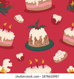 Christmas vector seamless pattern with cake, pudding, tea, cinnamon roll and caramel apple on red background. Yummy, homemade, sweet treats, Christmas sweets, celebration.
