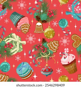 Christmas vector seamless pattern with cake, Christmas balls, Christmas gingerbread on a red background. Background for wrapping paper, fabric print, greeting cards design