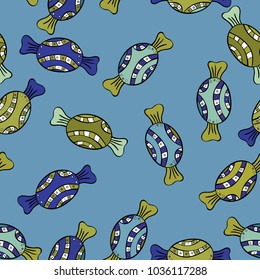 Christmas vector seamless pattern with candies on black, blue and yellow background. New year Vector illustration. Wrapping paper for Christmas gifts.