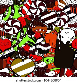 Christmas vector seamless pattern with candies on black, white and brown background. New year Vector illustration. Wrapping paper for Christmas gifts.