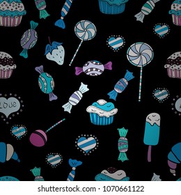 Christmas vector seamless pattern with candies on black, blue and white background. New year Vector illustration. Wrapping paper for Christmas gifts.