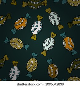 Christmas vector seamless pattern with candies on blue, black and green background. New year Vector illustration. Wrapping paper for Christmas gifts.