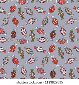 Christmas vector seamless pattern with candies on white, black and gray background. New year Vector illustration. Wrapping paper for Christmas gifts.