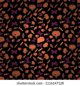 Christmas vector seamless pattern with candies on black, orange and purple background. New year Vector illustration. Wrapping paper for Christmas gifts.
