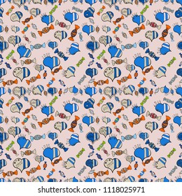 Christmas vector seamless pattern with candies on neutral, blue and beige background. New year Vector illustration. Wrapping paper for Christmas gifts.