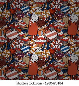 Christmas vector seamless pattern with candies on white, black and orange background. New year Vector illustration. Wrapping paper for Christmas gifts.