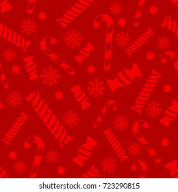 Christmas vector seamless pattern with candies and snowflakes on red background. New year vector design. Wrapping paper for Christmas gifts