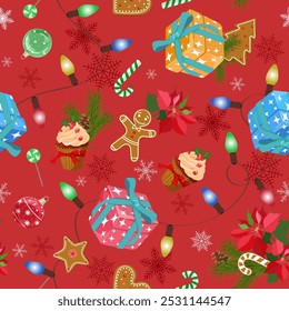 Christmas vector seamless pattern with candy canes, Christmas balls, Christmas gingerbread. Background for wrapping paper, fabric print, greeting cards design