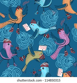 Christmas vector seamless pattern with cartoon birds