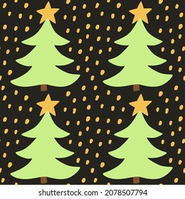 Christmas vector seamless pattern with cartoon Christmas trees and stars. New Year's background.