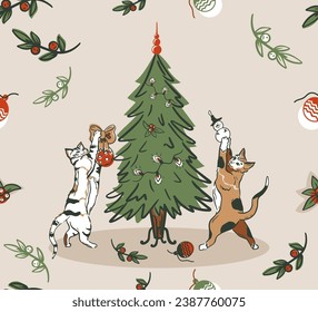 Christmas vector seamless pattern. Cats decorate the Christmas tree. New Year decorations, festive atmosphere. Design for printing on fabric, paper, wrapping paper, packaging.