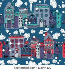 Christmas vector seamless pattern with colored decorated houses