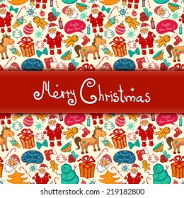 Christmas vector seamless pattern with colorful doodle elements and central space for text