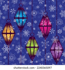 Vector navideño patrón sin fisuras con linternas coloridas y copos de nieve de encaje