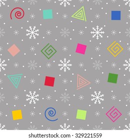 Christmas Vector seamless pattern with colorful spirals, triangles, squares and snowflakes on grey background. Perfect for textile, gift cards and gift wrapping paper.