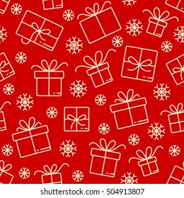Christmas vector seamless pattern. Colorful outline icons of gifts on red background. Wrapping paper. Scrapbook paper.