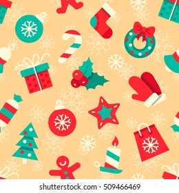 Christmas vector seamless pattern. Colorful flat icons on a yellow background. Wrapping paper. Scrapbook paper. Christmas wreath, gift, hollyberry, balls, candy
